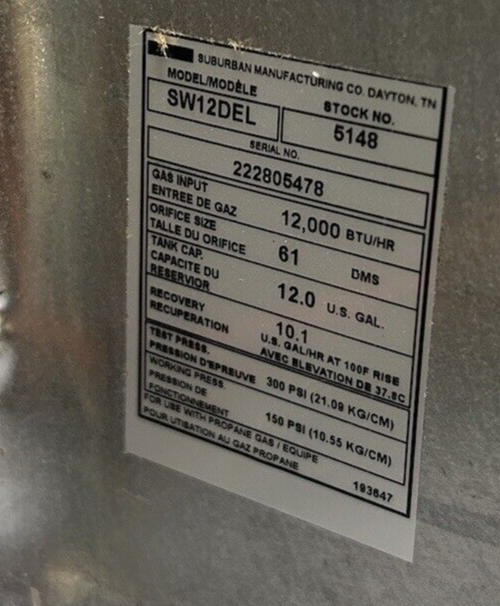 SW12DEL Suburban 12 Gallon RV Water Heater LP Electric With Control