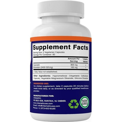Vitamatic Quercetin with Bromelain 120 VegCaps Quercetin 800mg Bromelain 2400GDU - Picture 2 of 2