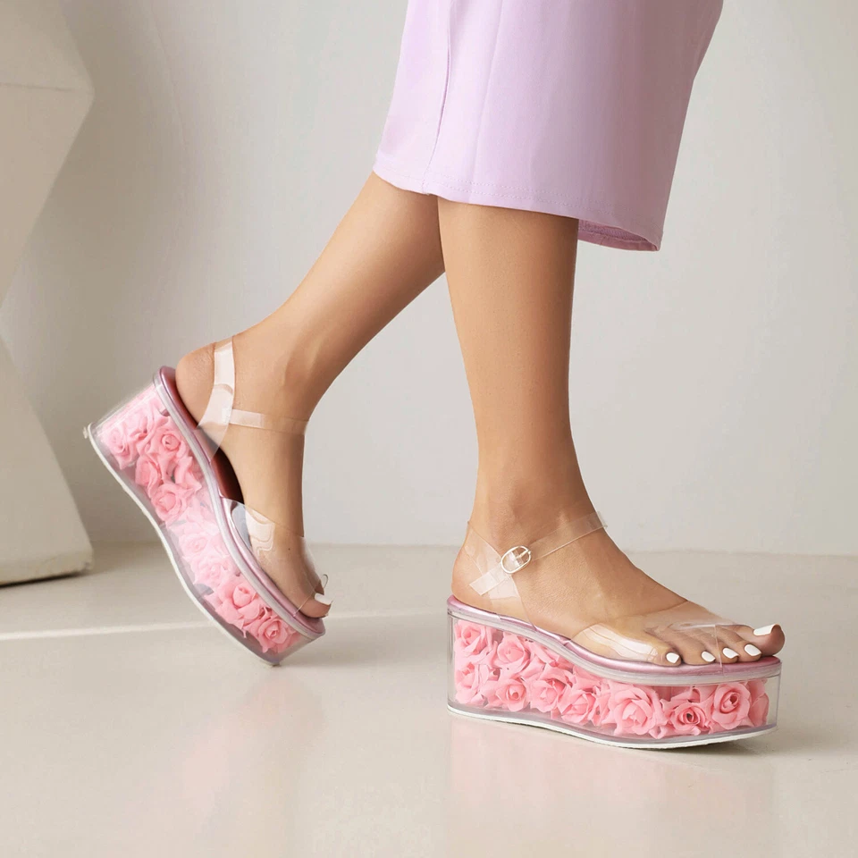 Zapatos para mujer plataforma tacón alto cuña verano punta abierta zapatos sandalias transparentes Foto 4 de 4