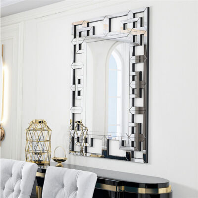 Geometric Decorative Wall Mirror Crystal Crush Diamond Wooden Back