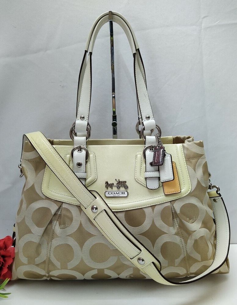 Coach Madison Beige Canvas Light Yellow Leather Trim Tote Shoulder Bag