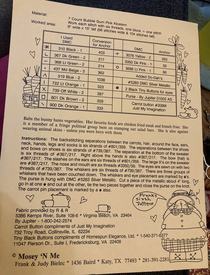 Vtg Rare Mosey 'N Me "Babs the Bunny" Counted Cross Stitch pattern only - Image 3 of 3