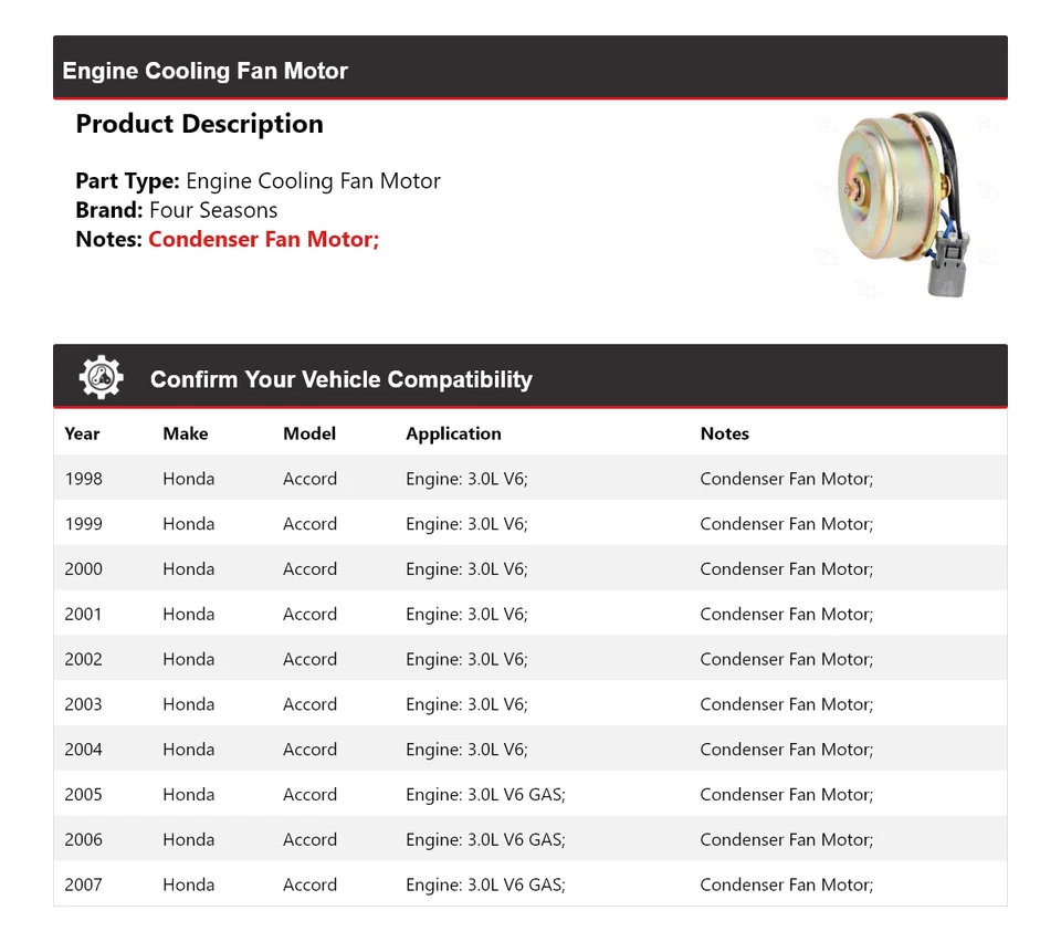 Ventilador de refrigeración motor Honda Accord 1998-2007 4 estaciones 1999 2000 2001 Foto 2 de 4