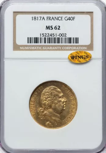 FRANCE , GOLD 40 FRANCS 1817 A - NGC MS 62 - WINGS , RARE2