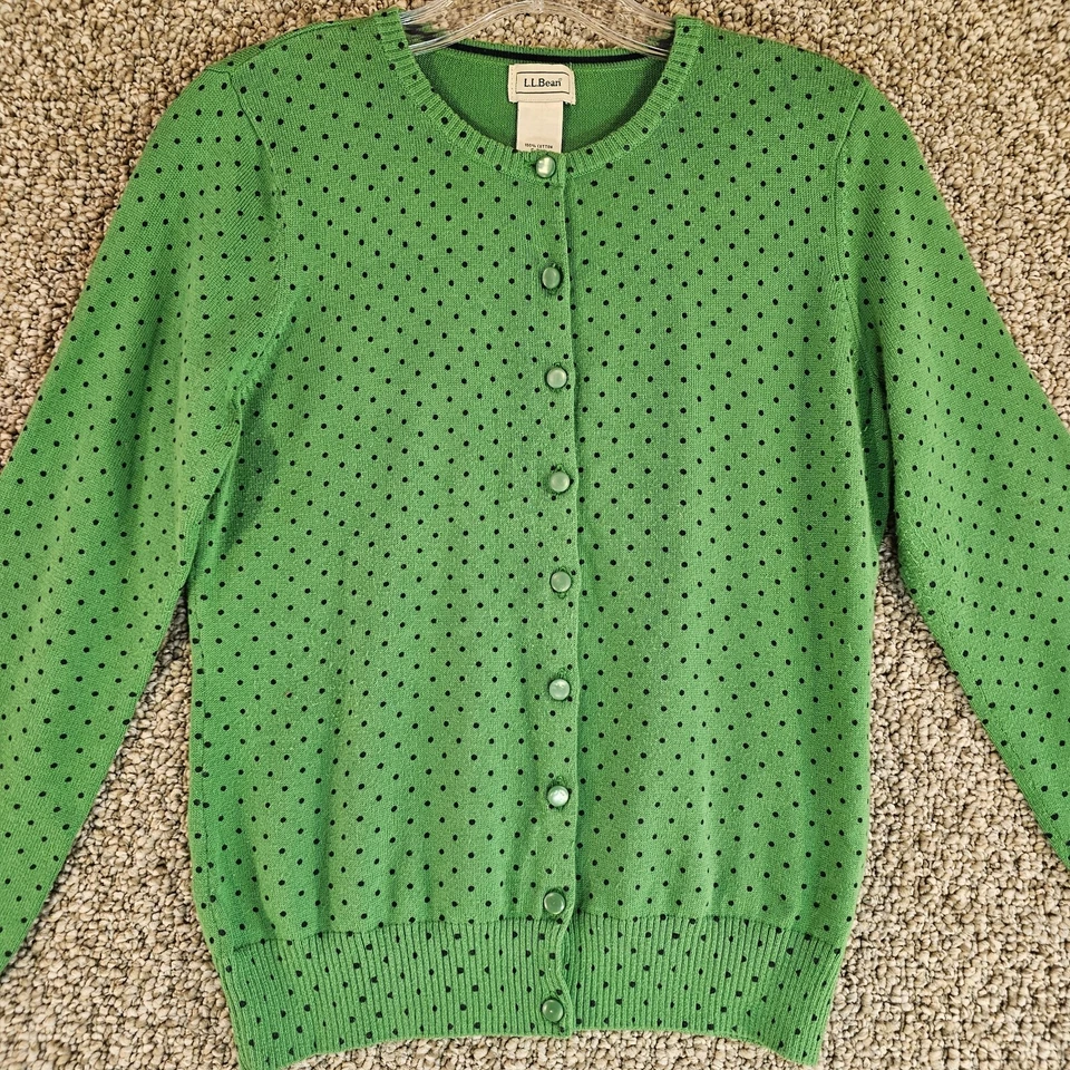 LL Bean Cárdigan Suéter Mujer Pequeño Regular Lunares Botón Frontal Verde Foto 2 de 4