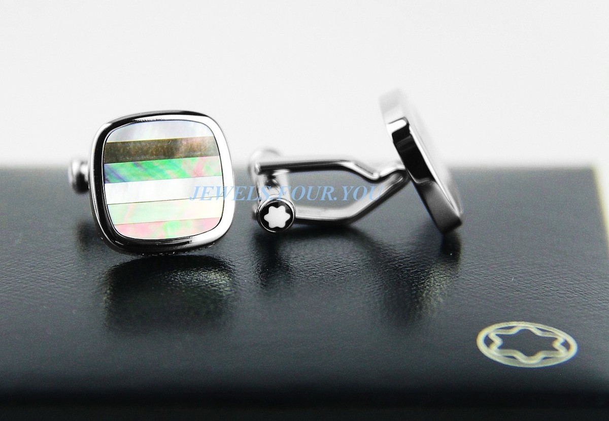 MONTBLANC ST. STEEL CUFFLINKS STRIPE MOTHER OF PEARL NEW NO BOX