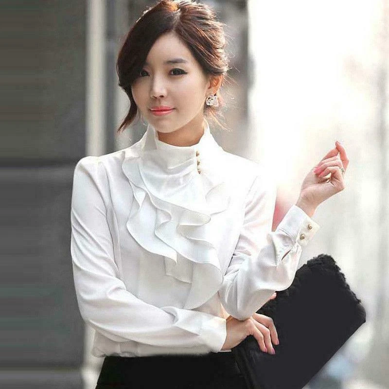 korean new Women s Long Sleeves Tops High Neck Shirt Blouses Stand