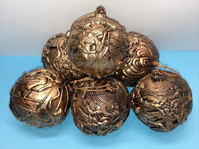 Vintage Lot Of 6 Old Gold Plastic Ball 3D Ornaments With Angels Birds Flowers PO