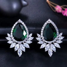 Women Elegant Silver Plated Stud Earrings Water Drop Cubic Zirconia Leaf Jewelry