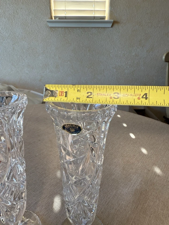 Jarrón de cristal de plomo checo Bohemia de 8 pulgadas de alto diseño geométrico par a juego Foto 3 de 4