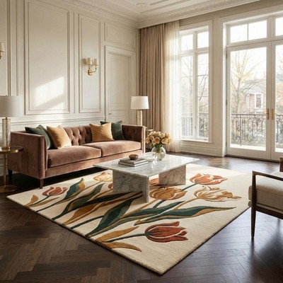 Hand Tufted Wool Rug 3D Floral Tulip Textured Terracotta Green Cream Area Rug