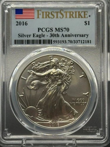 2016 $1 PCGS MS70 Silver Eagle 30th Anniversary First Strike .999 Fine Silver