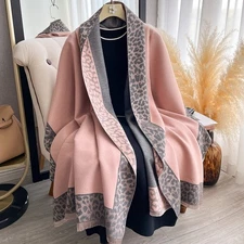 Pink Gray Leopard Print Shawl Wrap Scarf Oversized Blanket Cashmere Feel Tassel