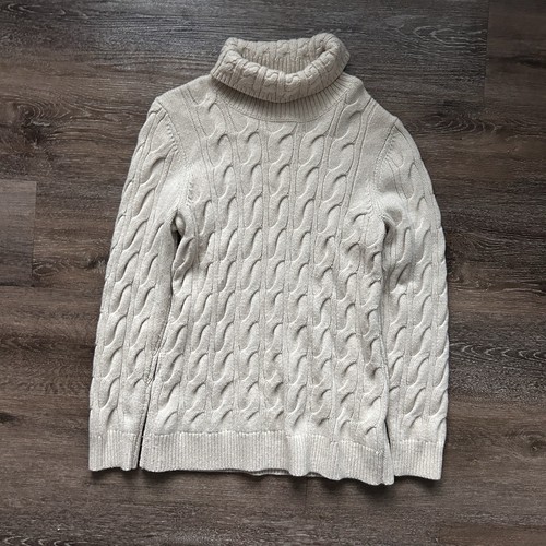L.L. Bean Women's L Fisherman Turtleneck Sweater Wool Blend Cable Knit Cream