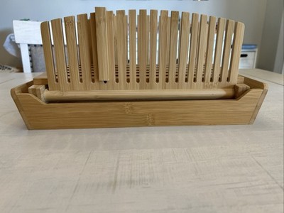 Bread Slicer w/Tray and Guide Foldable Natural Bamboo Compact Handle Cutouts