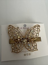 Rhinestones Butterfly Hair Barrette Clip Gold Colored 2