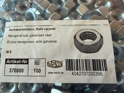 1 Paket 100 Stück ASW Sechskantmuttern DIN 934 Stahl verzinkt M8 Ersatzteil