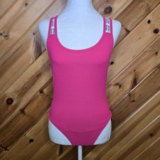 Victoria  s Secret Sport Pink Ribbed Strappy Logo Bodysuit Size Small