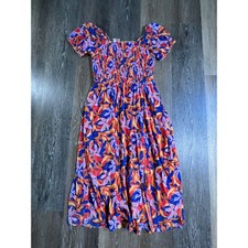 Sirenlily Midi Dress Womens Medium Multicolor Floral Smocked Puff Sleeve Slit