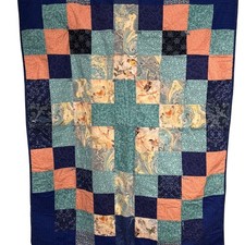 Vintage Blessed Baby Blanket Quilt Patchwork Cross in Blue and Peach