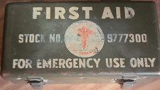 Vintage Metal First Aid Kit Box Stock No. 977300 Militaria w/ Contents