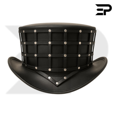 Black Cage Leather Top Hat with Silver Rivets   Gothic Steampunk Cosplay Hat