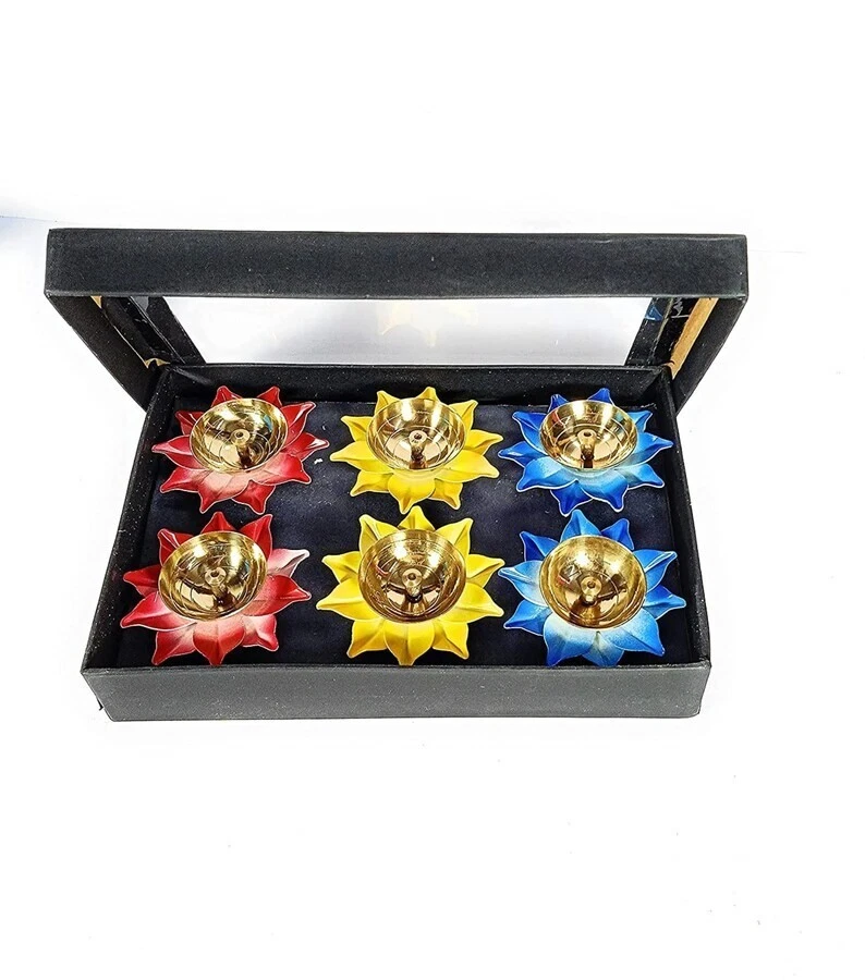 Handcrafted Brass Diya Lotus Design With Iron Leaves Set of 6 Brass oil Lamp - Image 3 of 4
