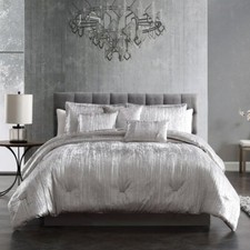 Solid Silver Gray Grey Crinkled Velvet 7pc Comforter Set Queen King Glam Bedding