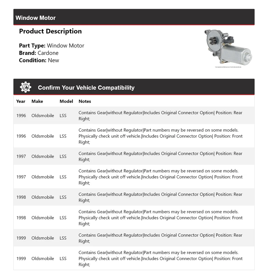 For 1996-1999 Oldsmobile LSS Window Motor Cardone 1997 1998 - Image 2 of 4