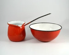 Vintage Enamelware Cereal Bowl 12 & Turkish Dipper Lade Huta Silesia Poland 1950