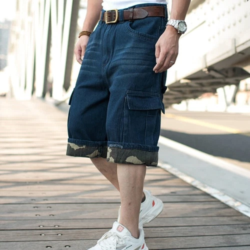 Herren Denim Baggy Loose Shorts Hip Hop 3/4 Länge Jeans Roll Up Cargo Tasche - Bild 15 von 18