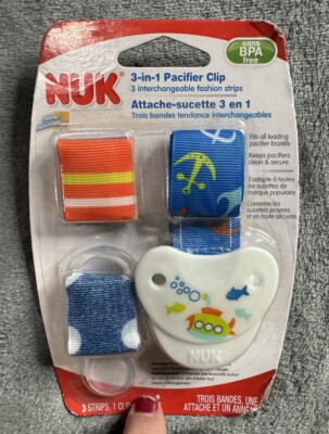 NUK 3 In 1 Pacifier Clip Infants Baby Child  Fish Nautical Orange Poka Dot New
