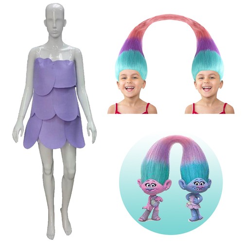 Women Cosplay Twin Trolls Satin Chenille Costume 2 Colorful Wigs or Purple Dress - Picture 3 of 28
