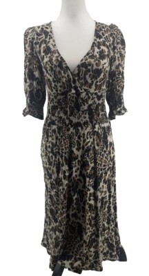 Diane Von Furstenberg Silk Dress Womens 8 Faux Wrap Black Brown Puff Sleeve Boho