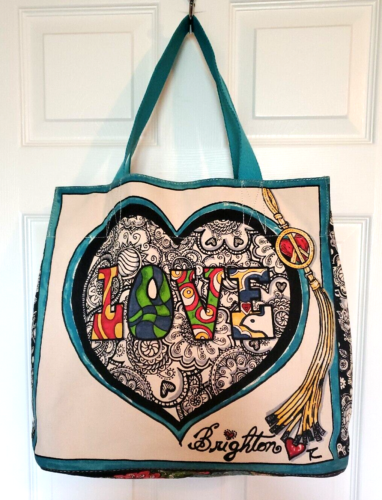 Brighton XL Multicolor Love Heart Canvas Travel Tote Bag Shopper Double Handle - Picture 1 of 6
