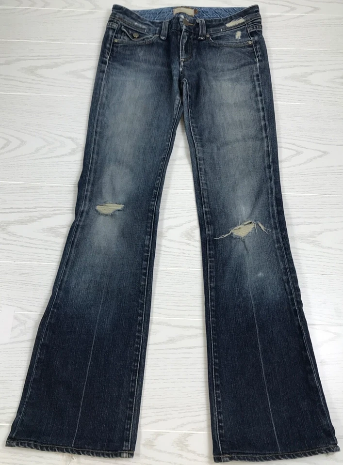 Paige Pico Jeans Womens 27 Bootcut Blue Embroidered Button Flap Pockets Distress - Image 2 of 4