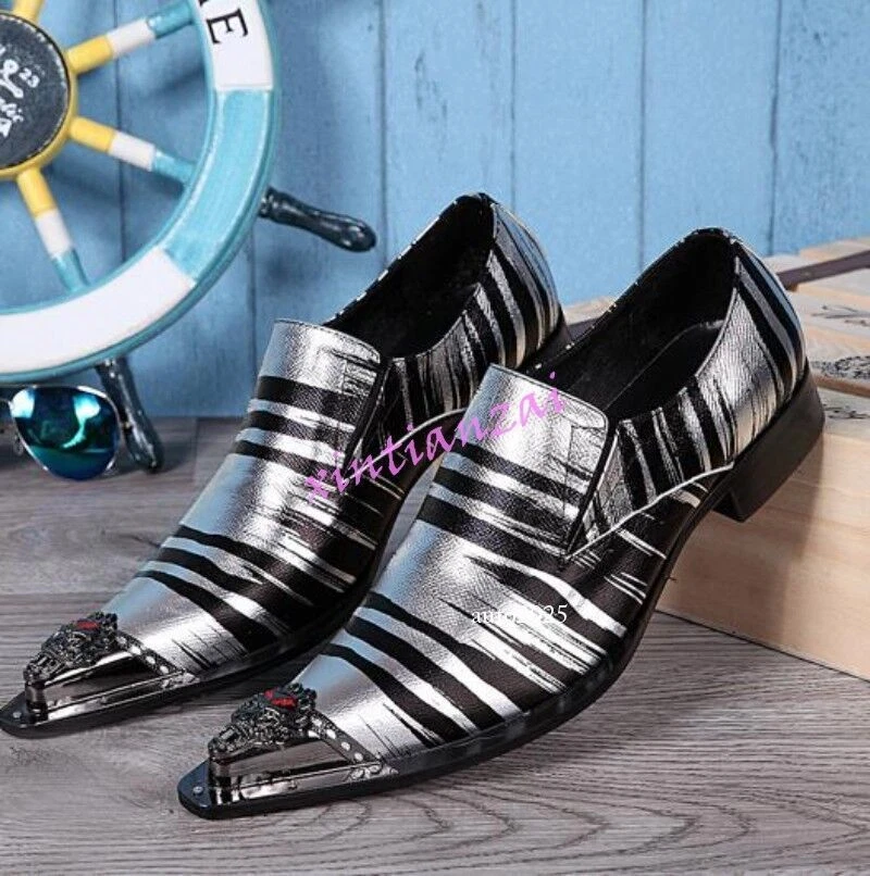 Hombres Puntera de Metal Punta Cuero Vestido Ropa de Club Zapatos Rayas Mocasines Británicos Talla Grande Foto 2 de 4
