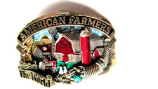 Vintage "AMERICAN FARMERS FEED THE WORLD" Brass Belt Buckle 1984