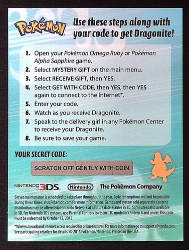 POKEMON DRAGONITE CODE CARD ~ EXPIRED 2015 ~ NINTENDO EVENT GAMESTOP PROMO NOS - Picture 2 of 3