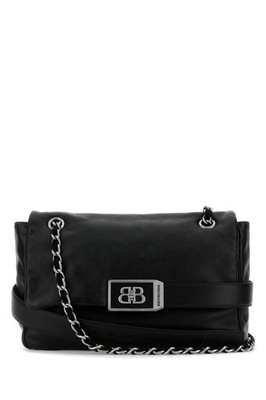 BALENCIAGA Modu Silver Flap Medium Black Leather Shoulder Bag New & Authenitc