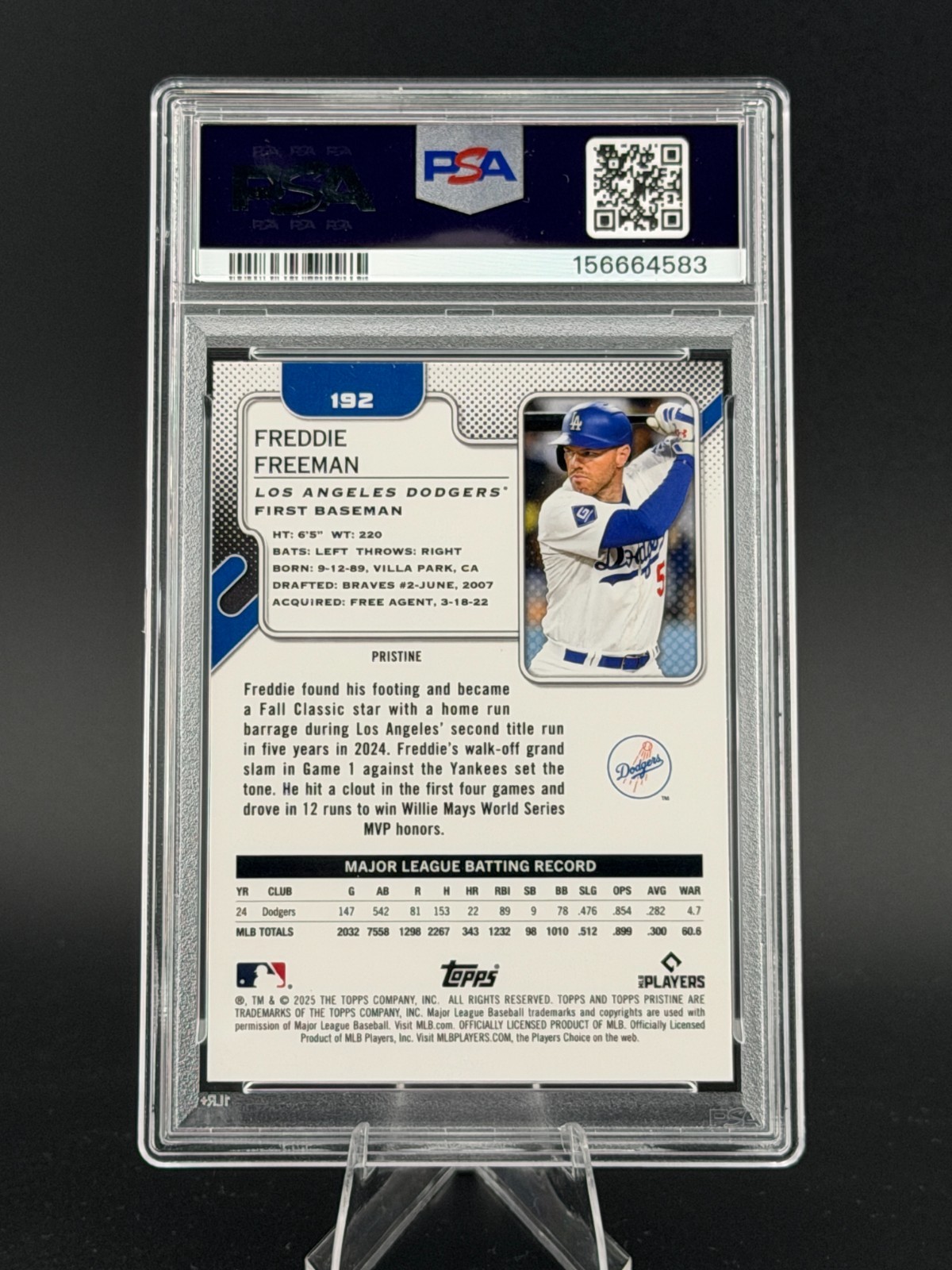 2025 Topps Pristine #192 Freddie Freeman Aqua Refractor 82/199 - PSA 10 view 2