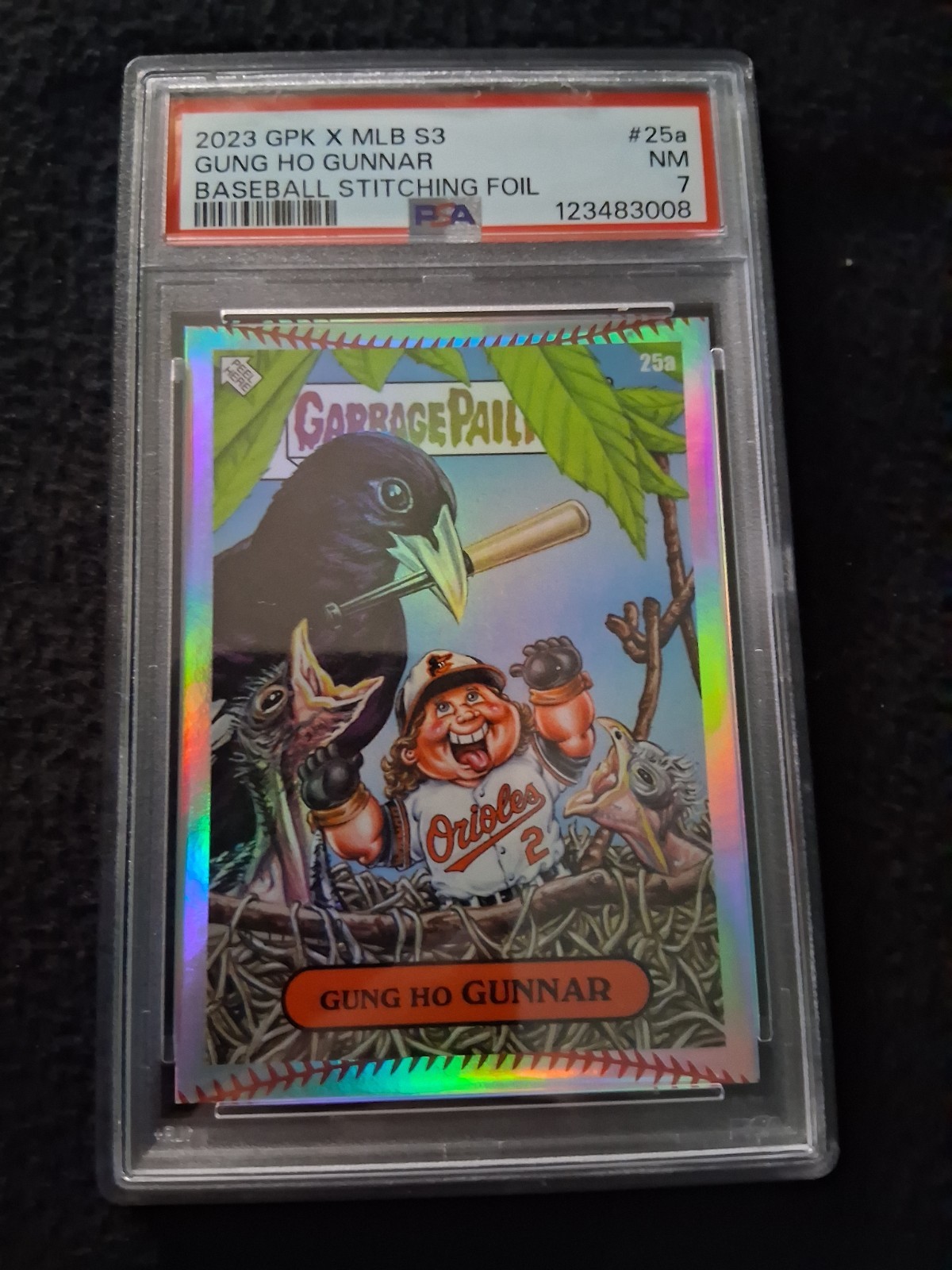 2023 Topps GPK Baseball #25a Gung Ho Gunnar Henderson Stiching Foil R/C PSA 7 view 1