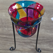 Abstract Multicolor Glass Metal Candle Holder Round Indoor Tealight Boxed