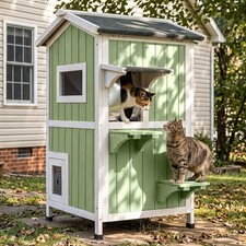 Forest Green 2-Story Wooden Outdoor Cat House for 3-4 Cats  Weatherproof