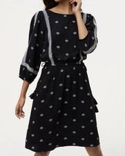 Ann Taylor LOFT M Black BOHO Dress White Floral Pattern Tasseled Cinched Waist