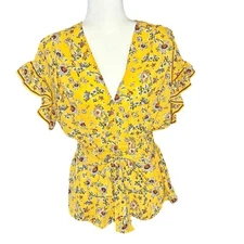 Max Studio Floral Wrap Top Women’s M | Yellow | Flutter Sleeve Blouse | EUC