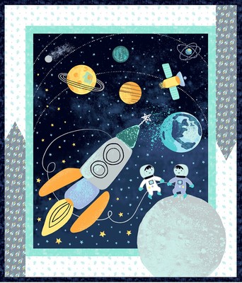 35'' Fabric Panel | Windham Space Explorers Astronaut Rocket Planet Scene Blue