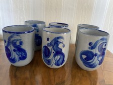 6 Steinzeug Salzglasur Most Wein Becher H 9,5  &Oslash; 7 Vintage grau blau
