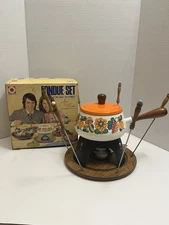 Vintage Marufuto Fondue Set MCM Mushrooms Flowers Orange Lid Orig Box 6 Forks