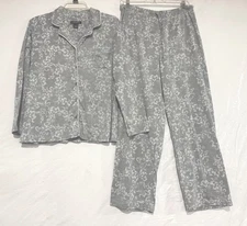 Earth Angels Pajama 2 Pc-Set Gray/White/Blue Floral Knit Sz Large Womens